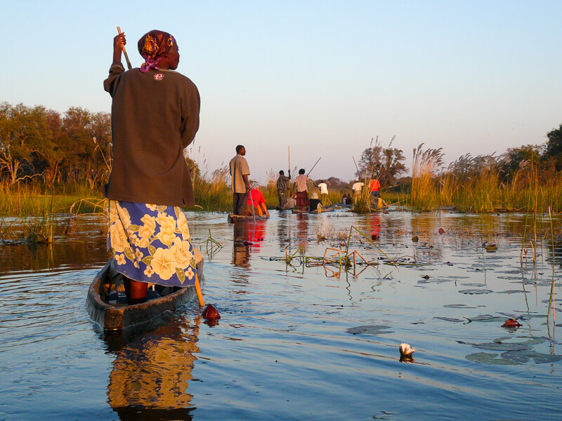 Afrique australe - On rentre au camp au coucher de soleil, delta de l'Okavango