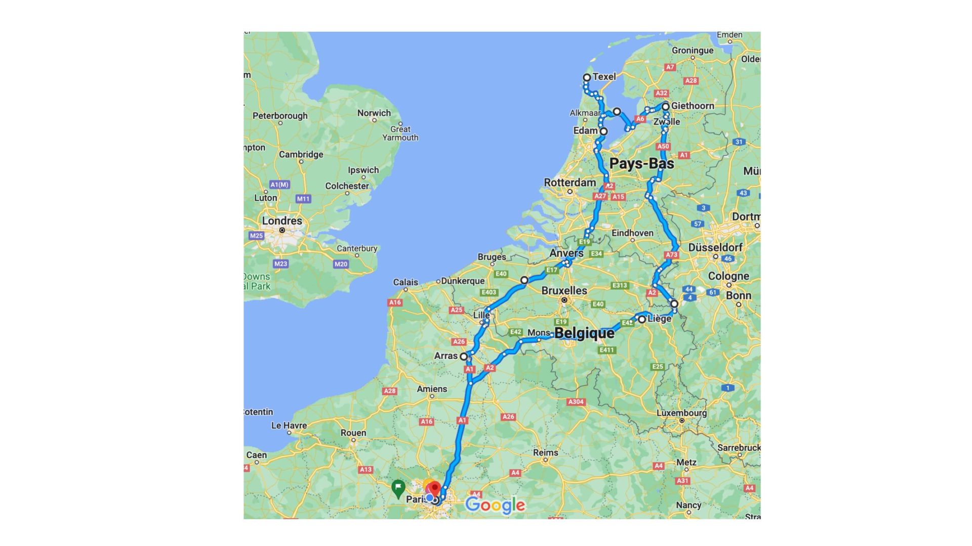 Itinéraire européen de Paris à Texel, au Pays-Bas