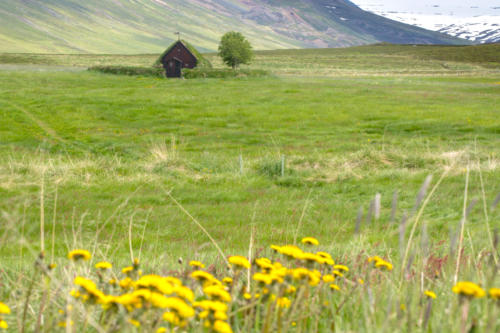 Islande, petite église Grafarkirkja  au toit de tourbe perdue dans un paysage grandiose