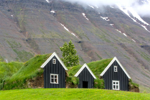 Islande, Holar, ferme Nyibaer, au toit de tourbe